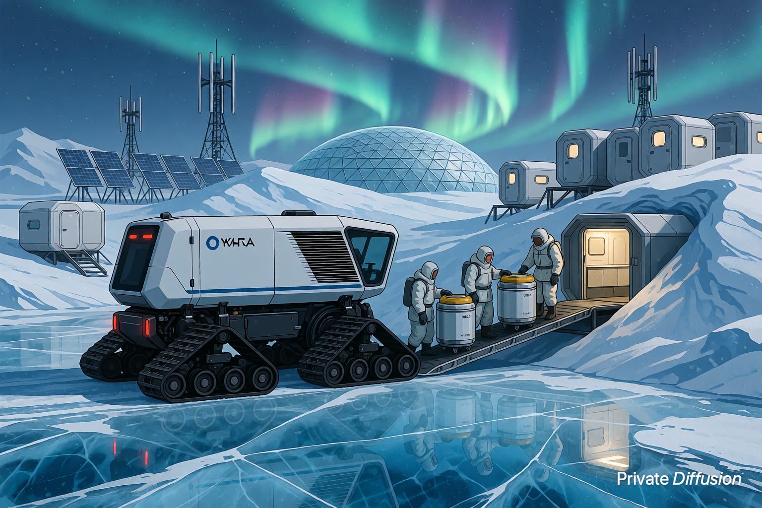 A six-tread polar crawler carries seed canisters toward a buried greenhouse dome under aurora light.