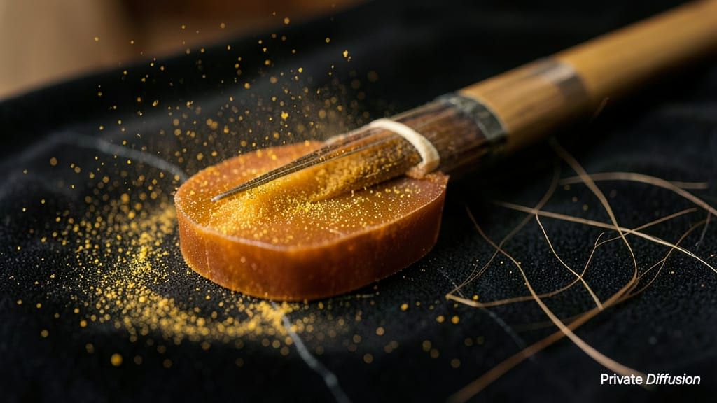 Pollen dust lies on a cracked amber rosin cake beside loose bow hair strands.
