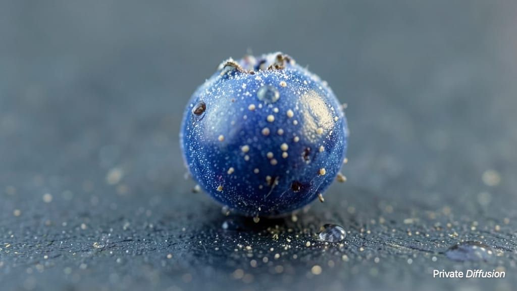 A macro view shows pollen grains and droplets on the waxy skin of a blueberry.