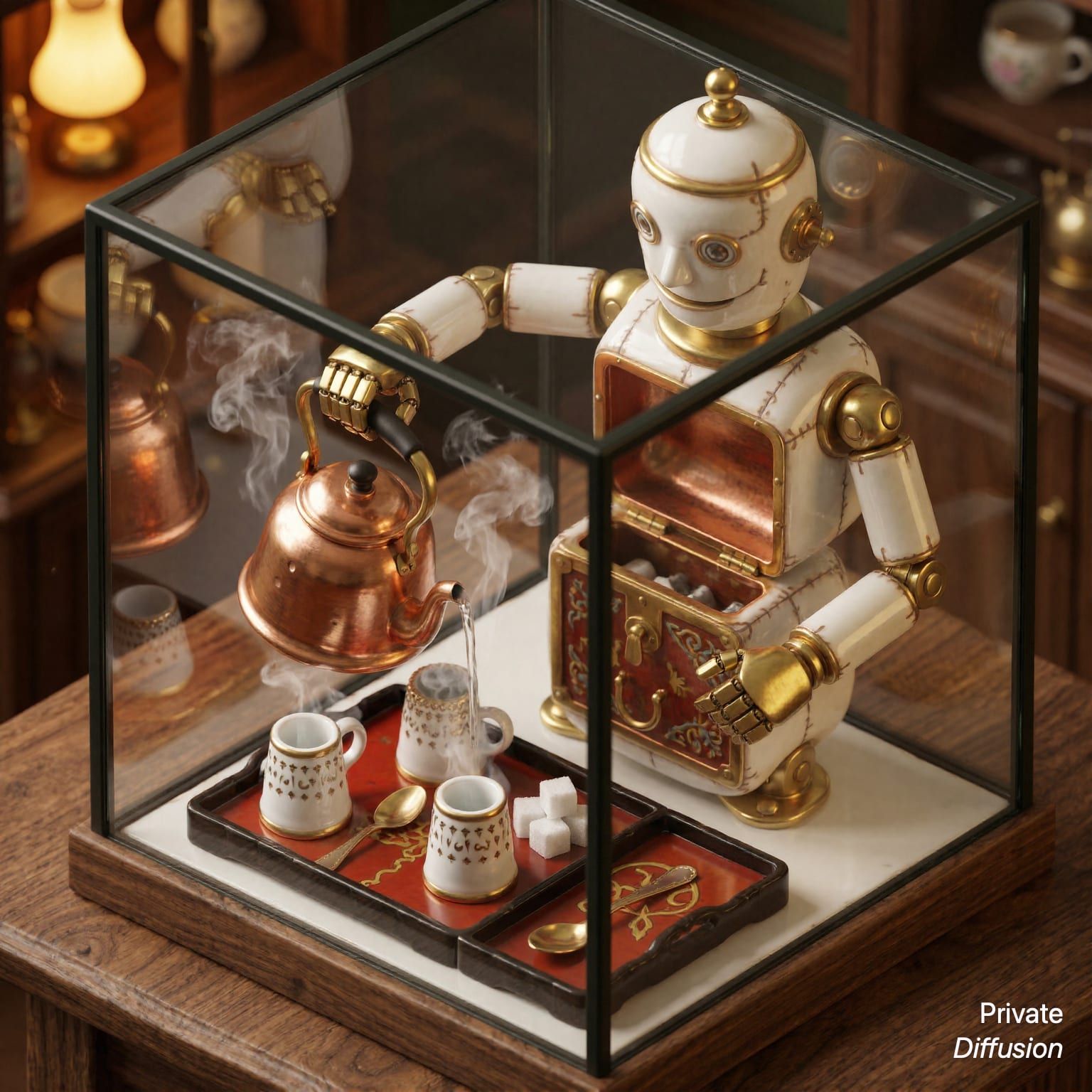 A porcelain automaton pours tea inside a glass display case on a wooden table.