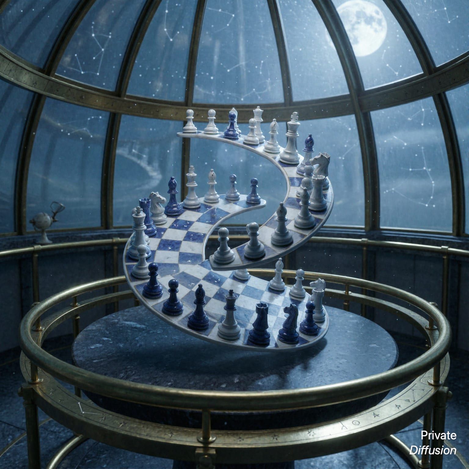 A porcelain chess set floats above a round table inside a glass observatory.