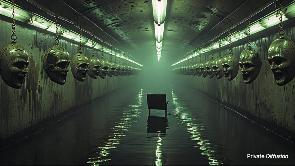 Cracked porcelain masks hang along a flooded tunnel with an overturned chair at the end.