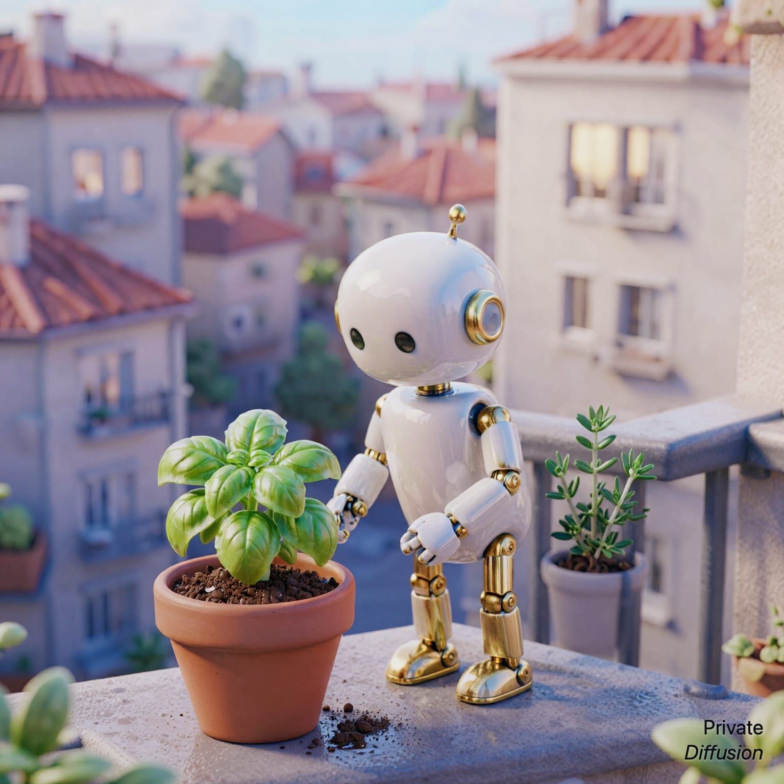 A porcelain robot waters herb pots on a small balcony above rooftops.