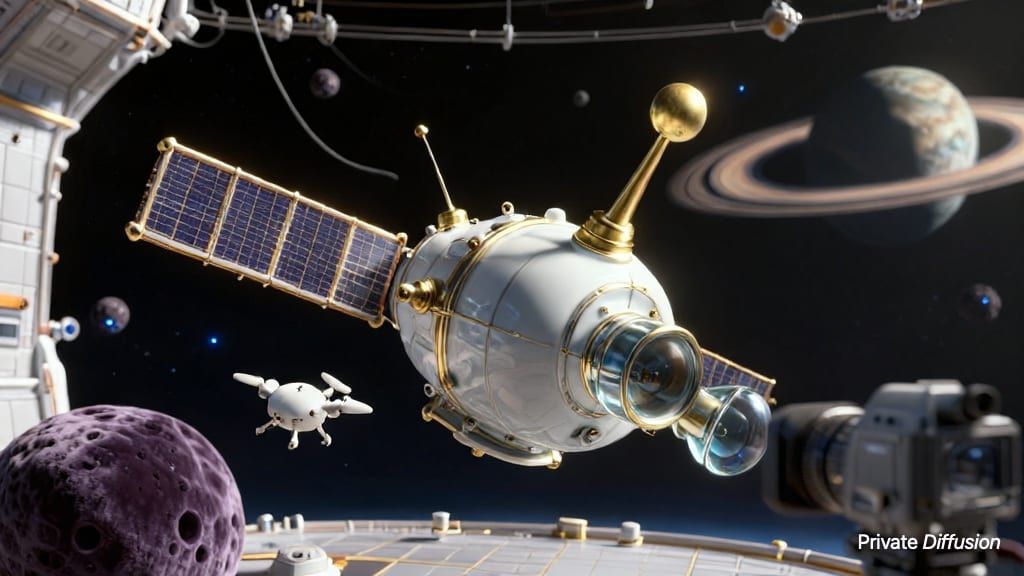 A porcelain satellite floats near velvet asteroids in a stylized orbital workshop.