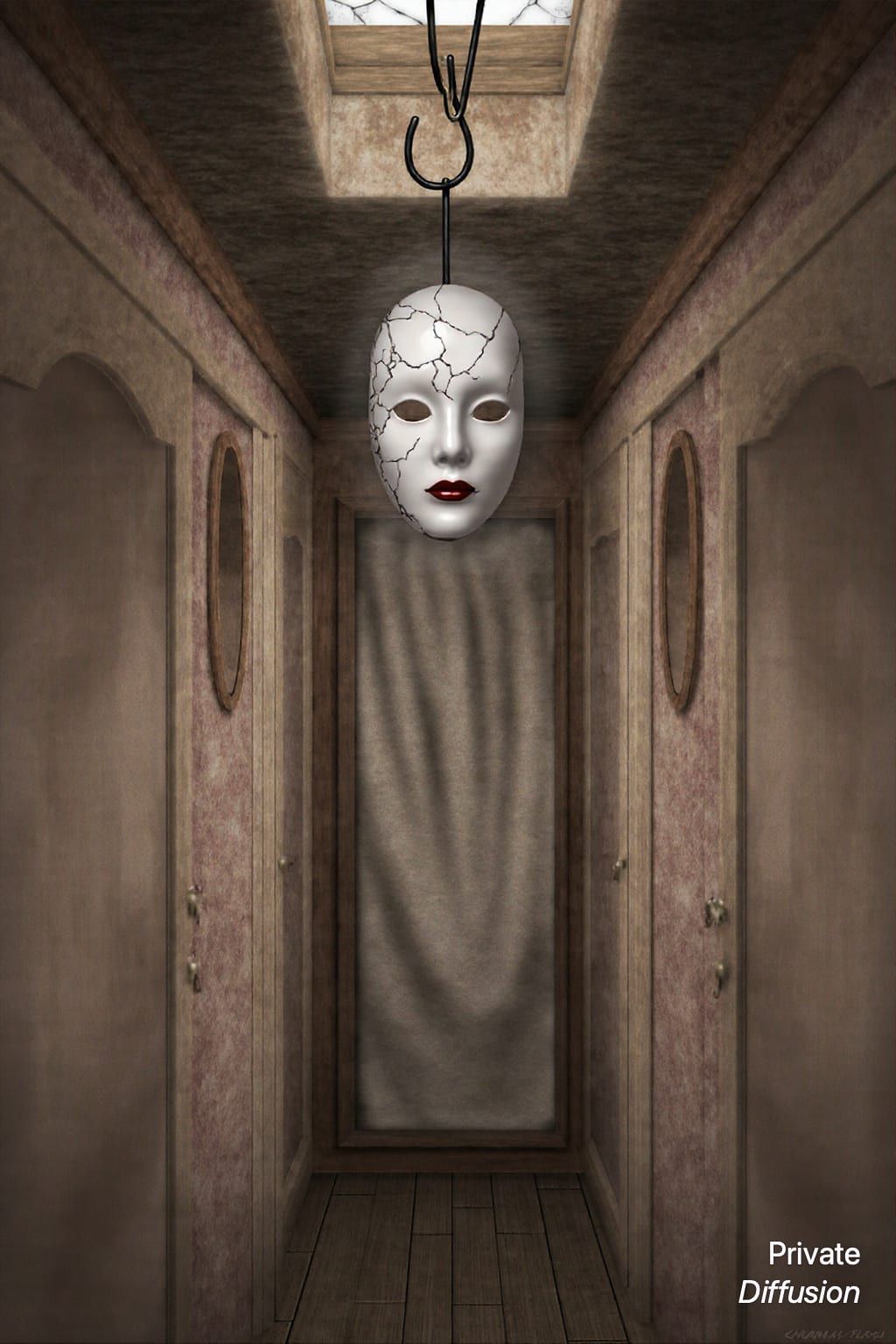 A cracked porcelain mask hangs in a moonlit attic before a worn wardrobe.