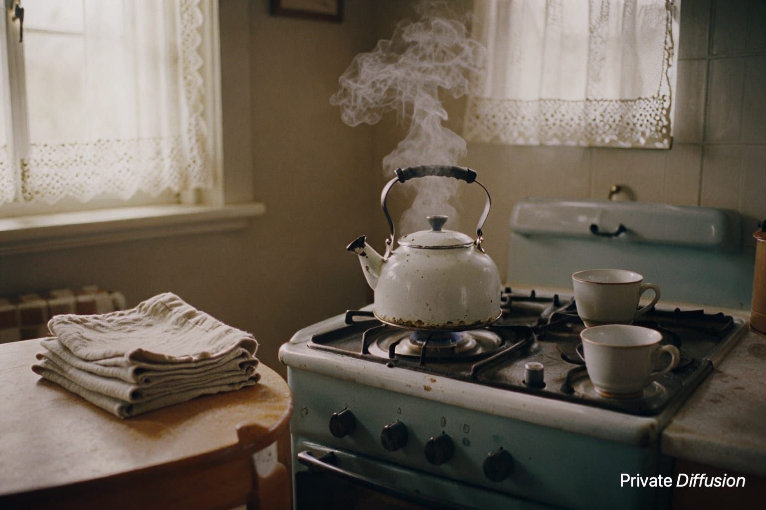 An enamel kettle steams on a stove in a modest vintage kitchen.