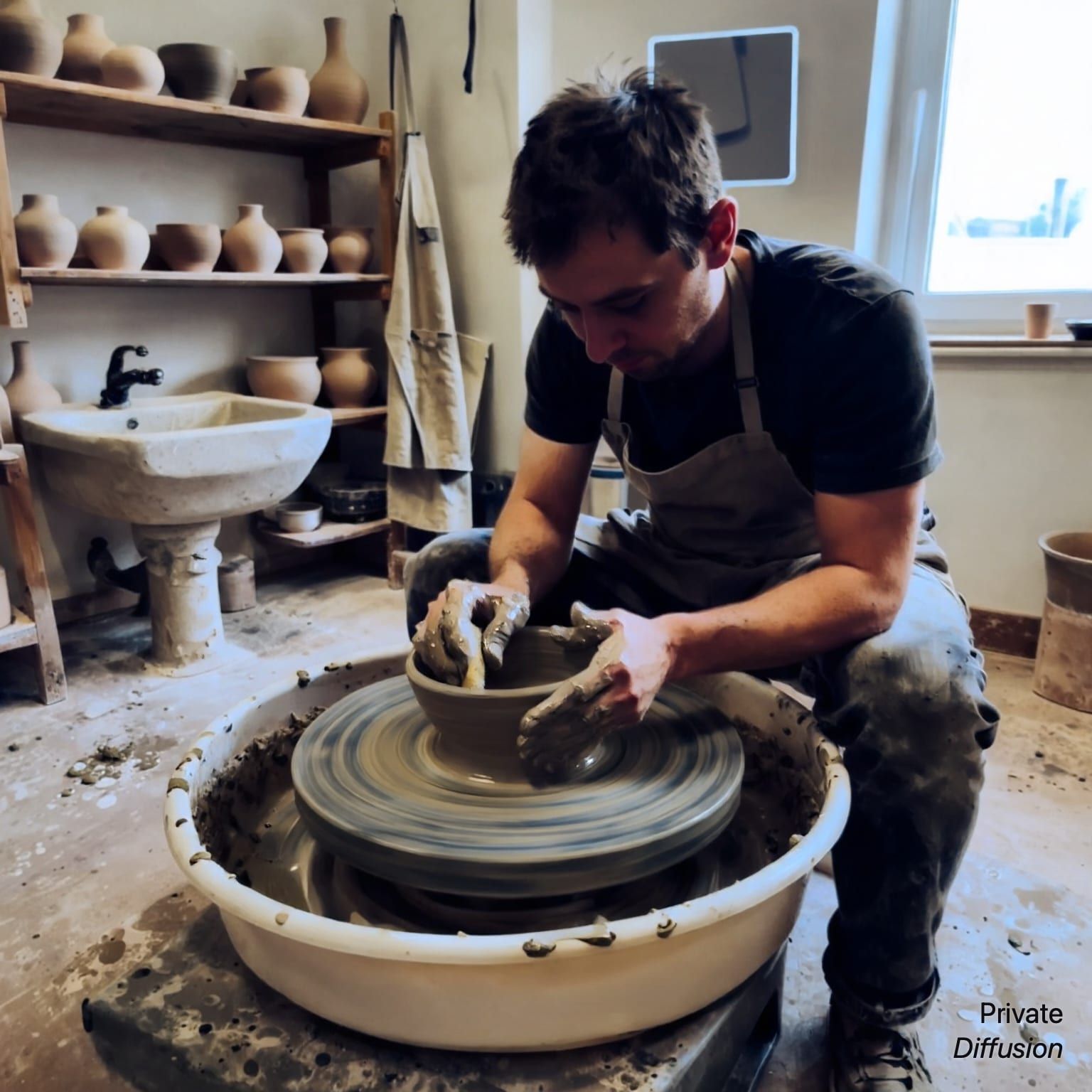 An adult potter shapes a clay bowl on a wheel in a studio.
