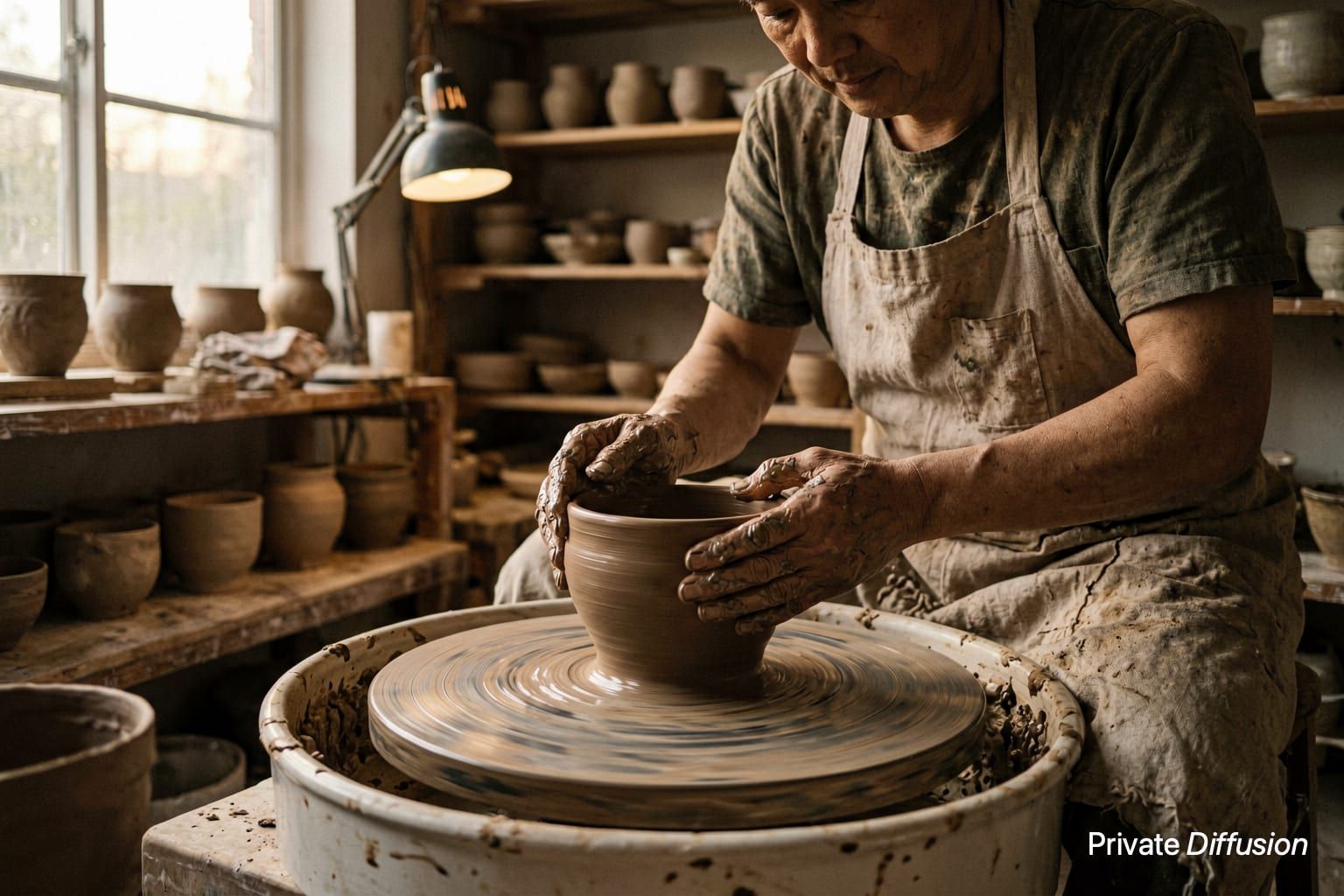 An adult potter shapes a clay bowl on a wheel in a quiet studio.
