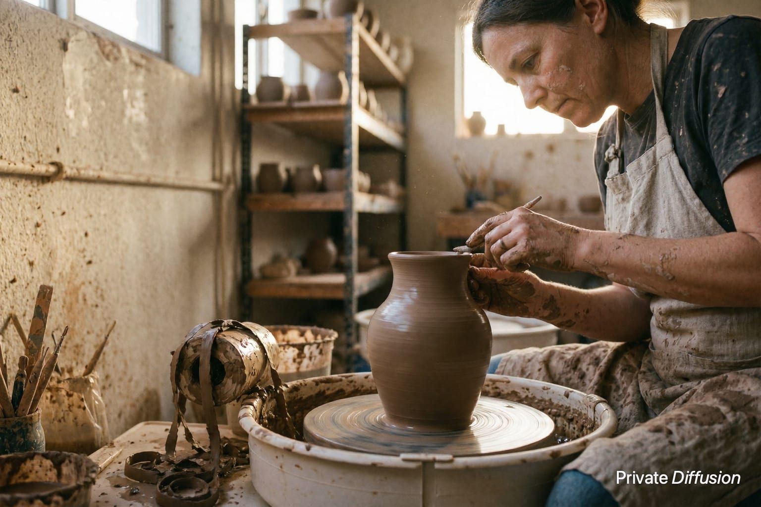 An adult potter trims a wet clay vase on a kick wheel in a sunrise workshop.