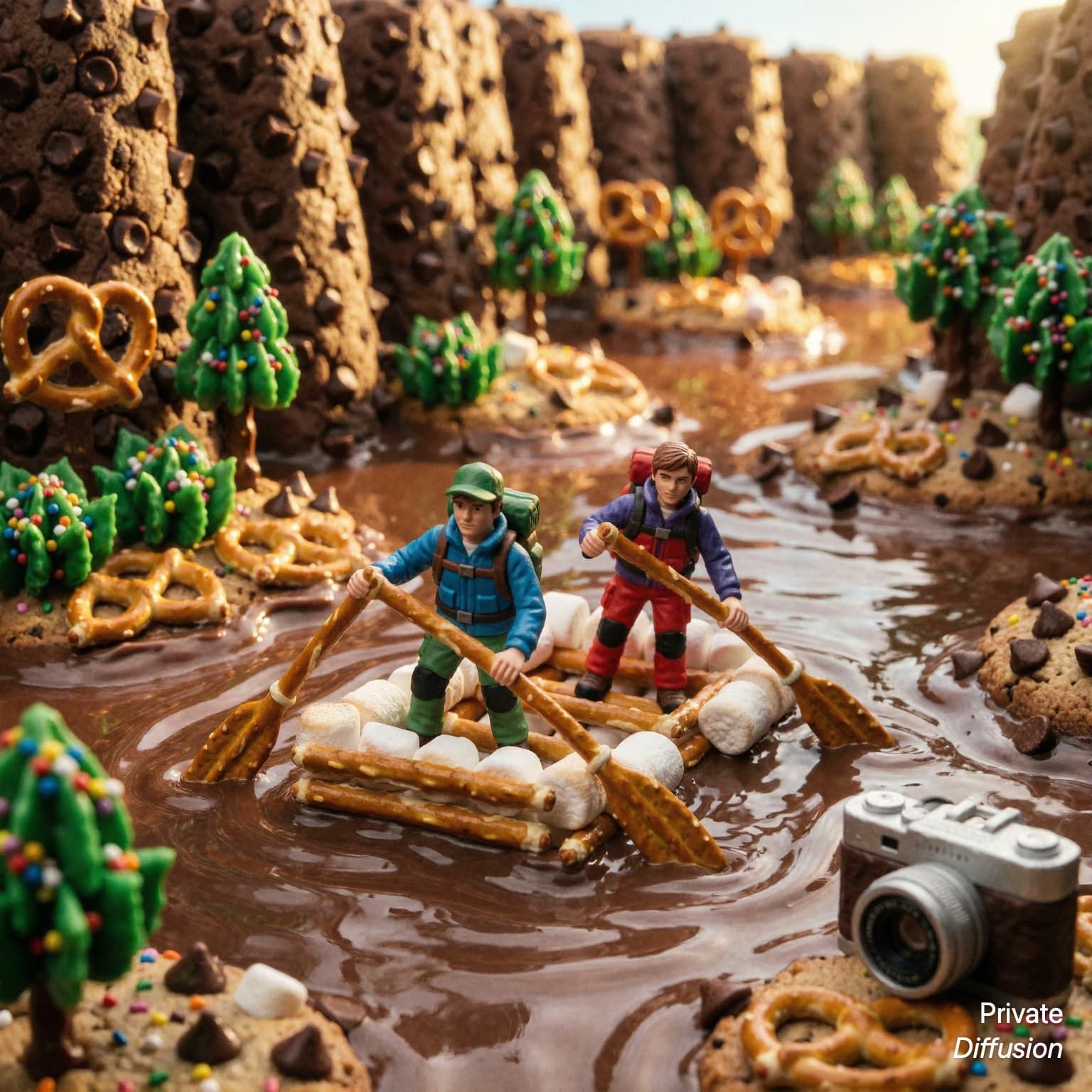 Tiny hikers paddle a pretzel raft through a chocolate river between giant cookie cliffs.