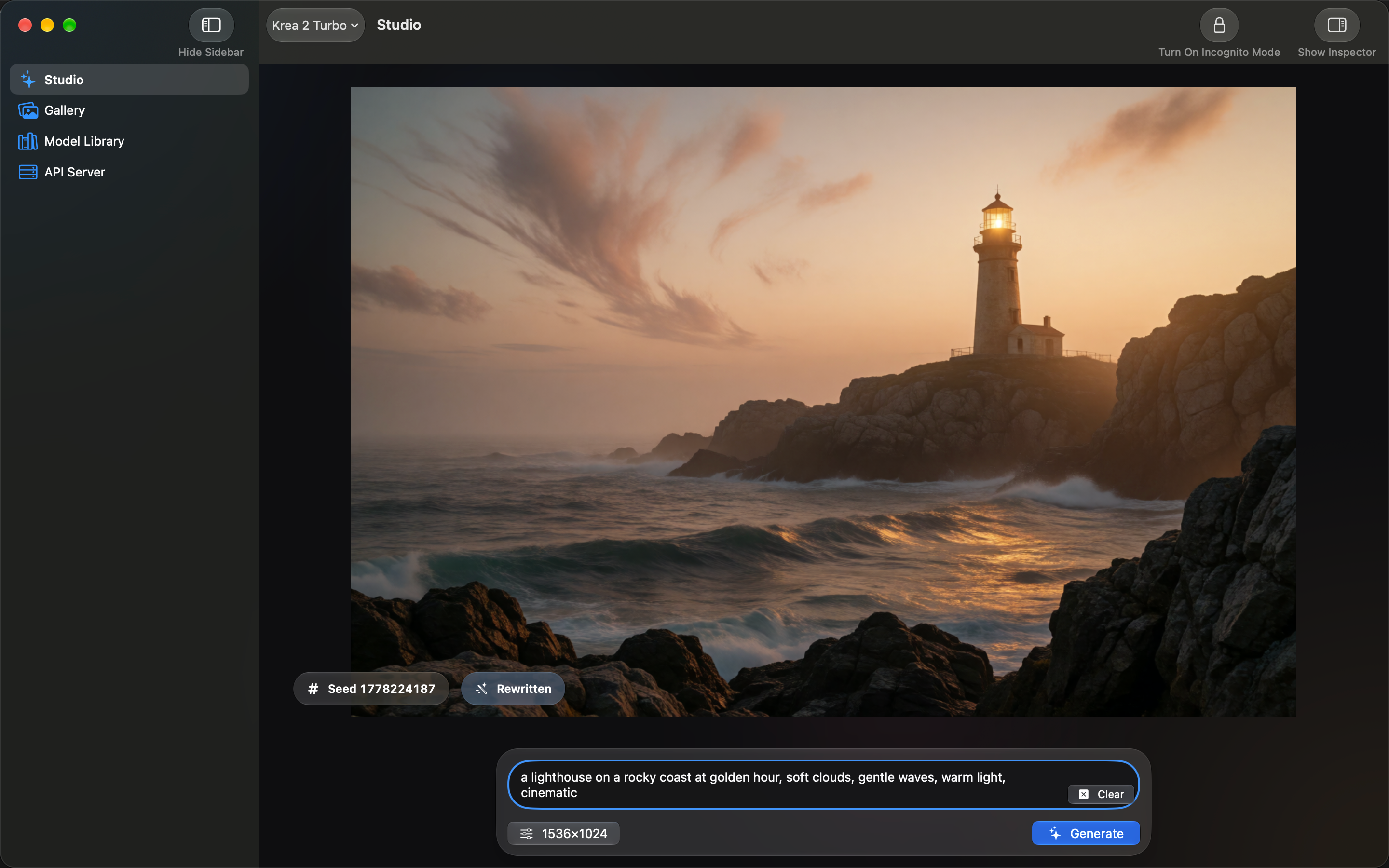 Mac上のPrivate DiffusionのStudioウィンドウ。Studio、Gallery、Model Library、API Serverのサイドバー、生成された灯台の画像、Generateボタン付きの1つのプロンプト欄があります。