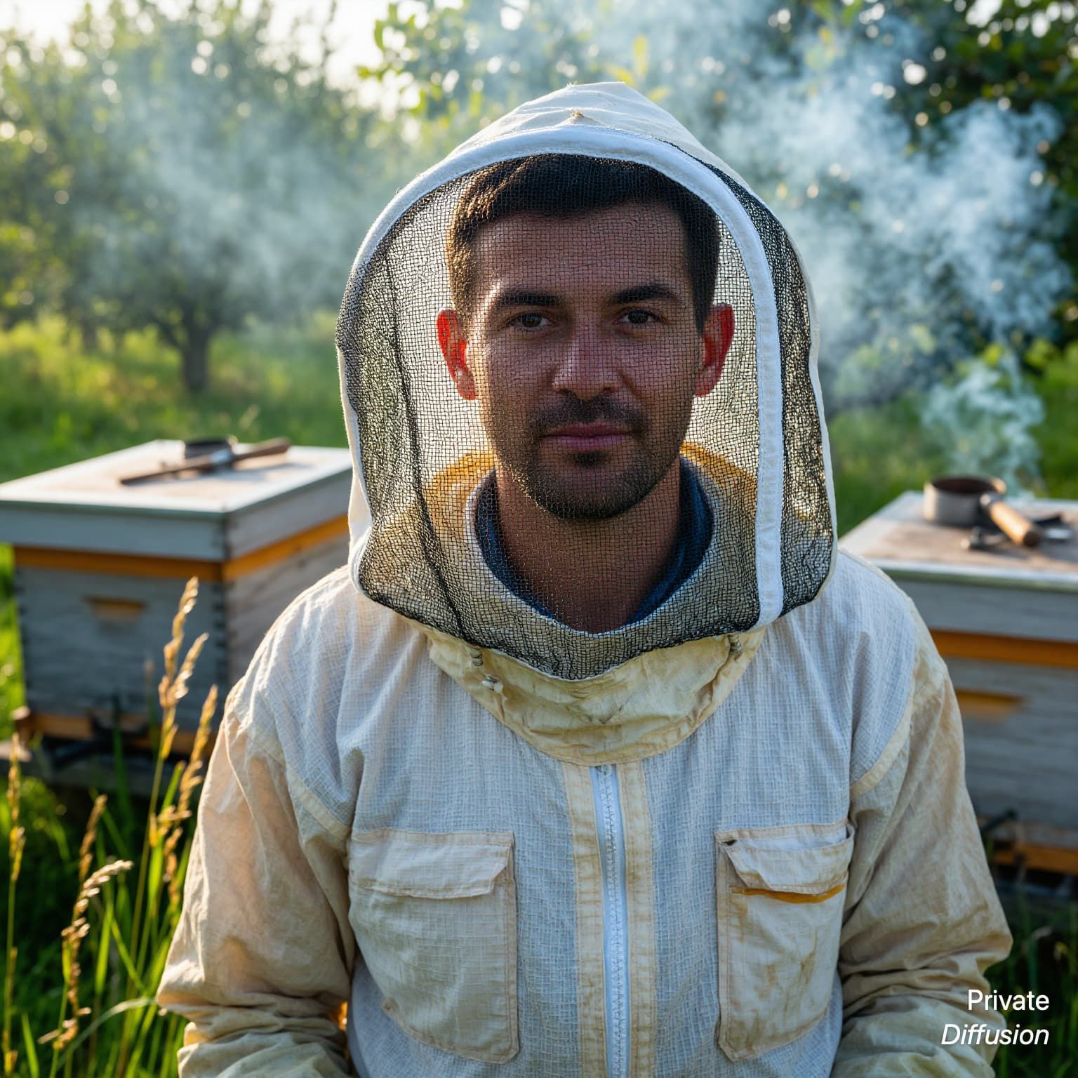 A beekeeper in a mesh veil looks calmly at the camera near wooden hives at dawn.
