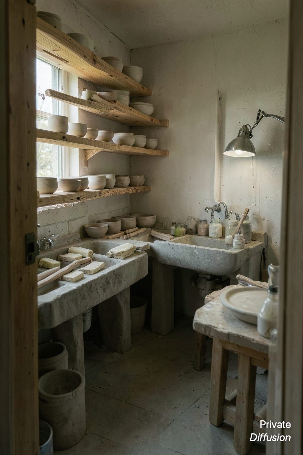 A small ceramics studio contains shelves of bowls, a sink, clay tools, and soft window light.