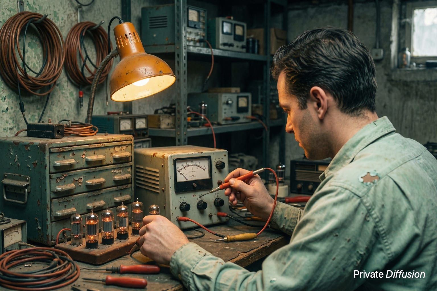 A vintage radio repairman tests glowing tubes at a cluttered workbench.