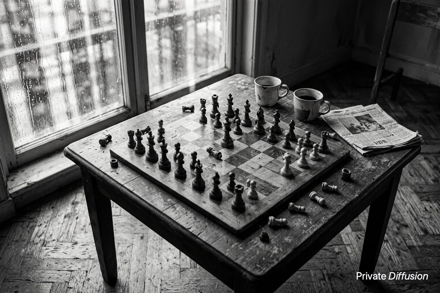 A black-and-white chess table sits beside a rainy window with scattered pieces.