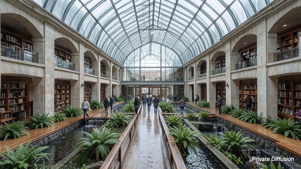 A glass-arched library atrium overlooks planted rain gardens and wet stone terraces.