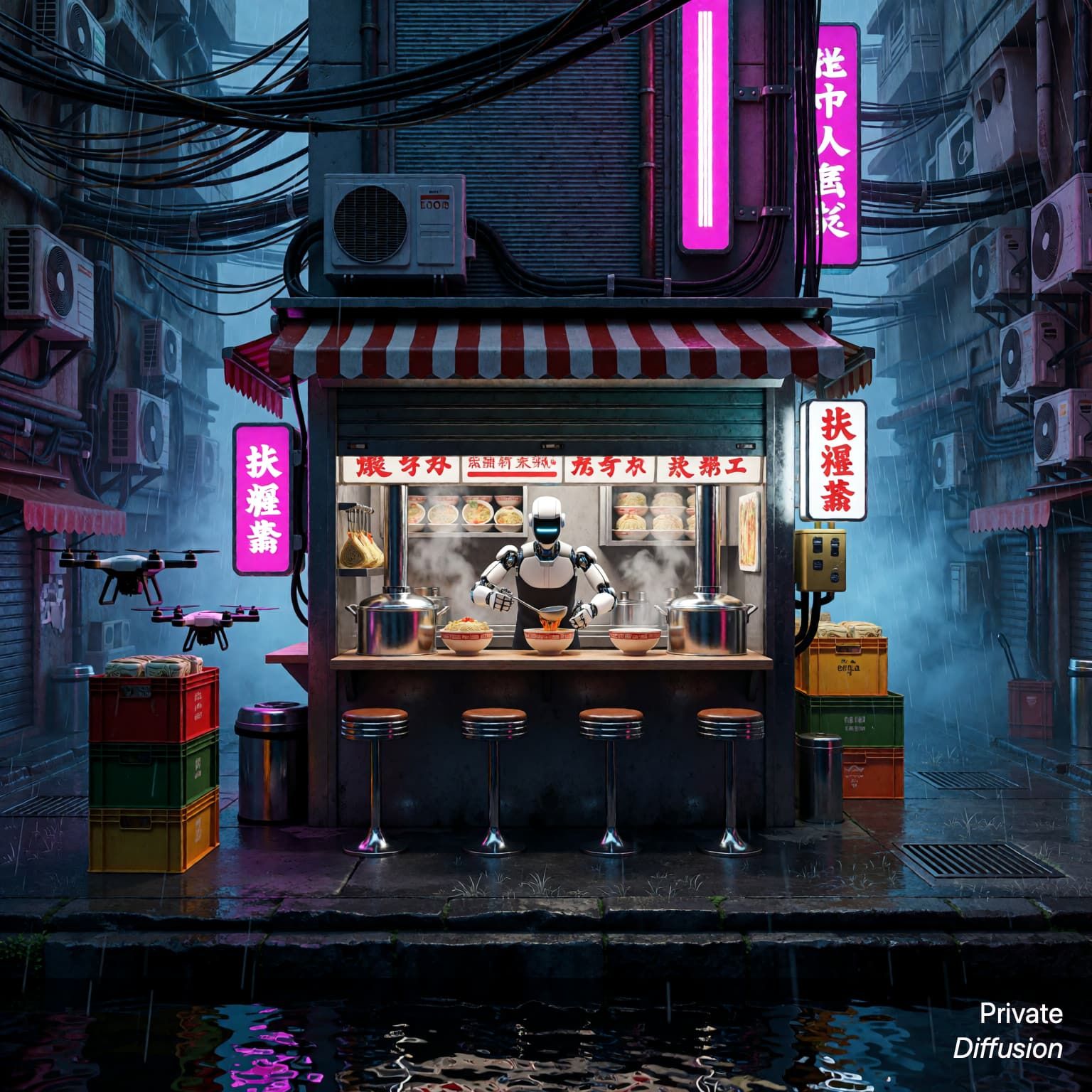 A neon-lit cyberpunk noodle kiosk steams in a rainy alley beside drones and chrome stools.
