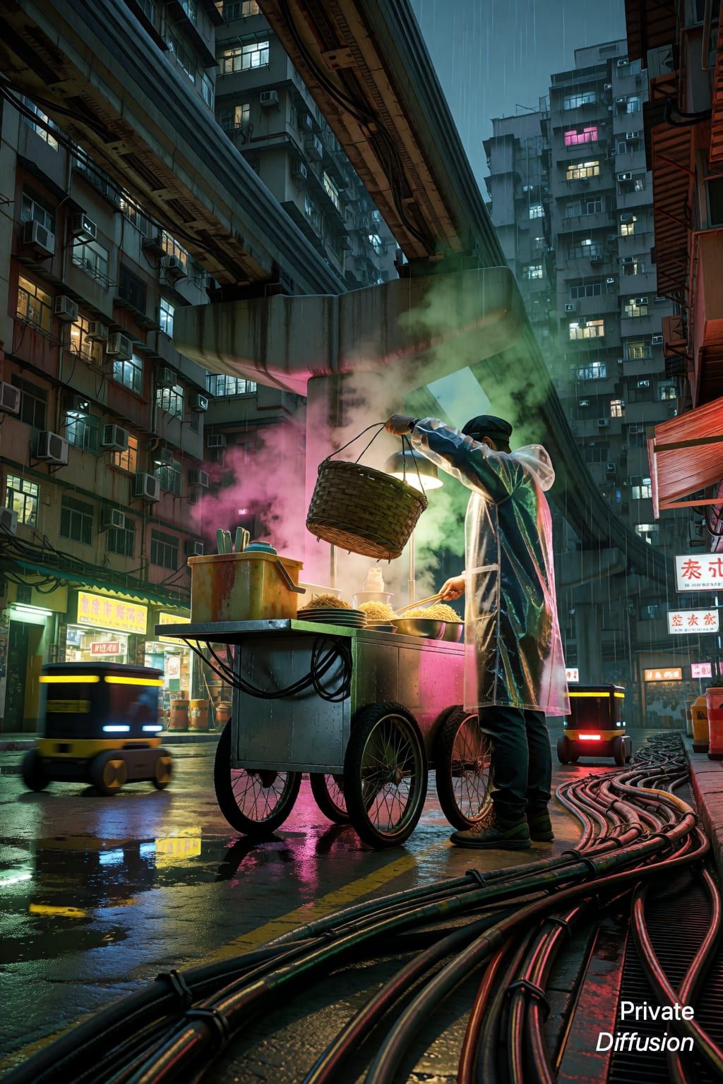 A vendor serves noodles in a rainy neon alley beneath elevated tracks.