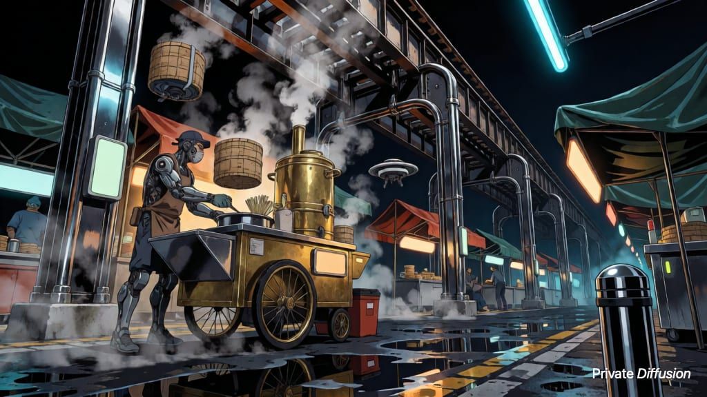A cybernetic noodle vendor works beneath elevated rails in a rainy neon night market.