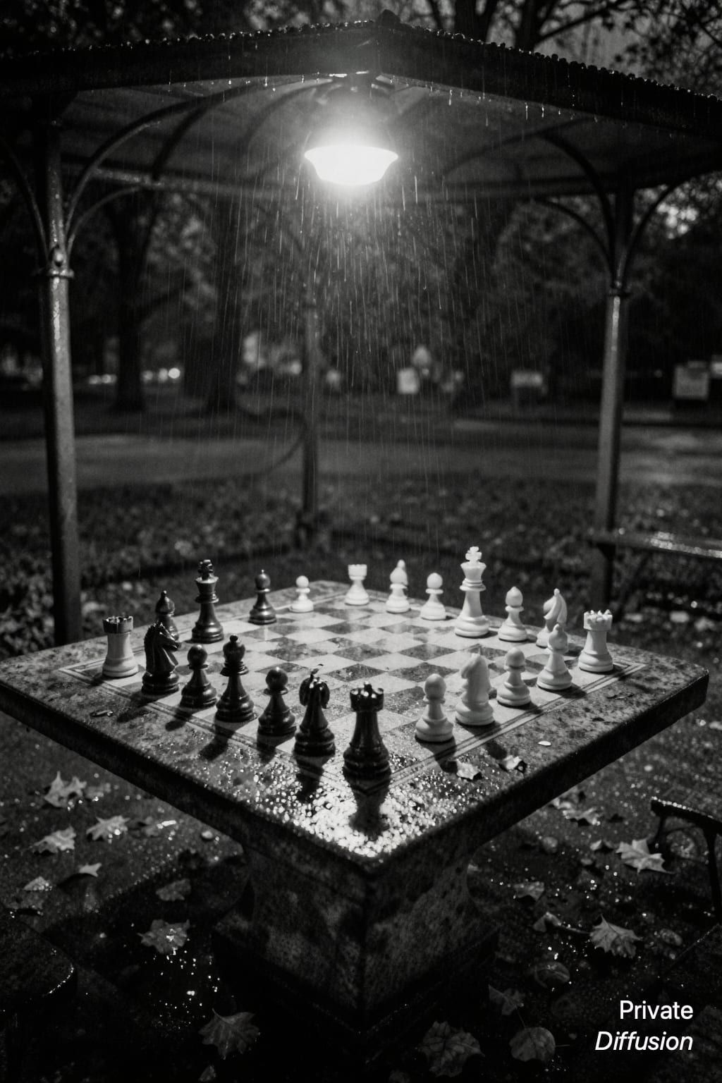 A wet outdoor chess table sits under a shelter with scattered pieces and lamp reflections.