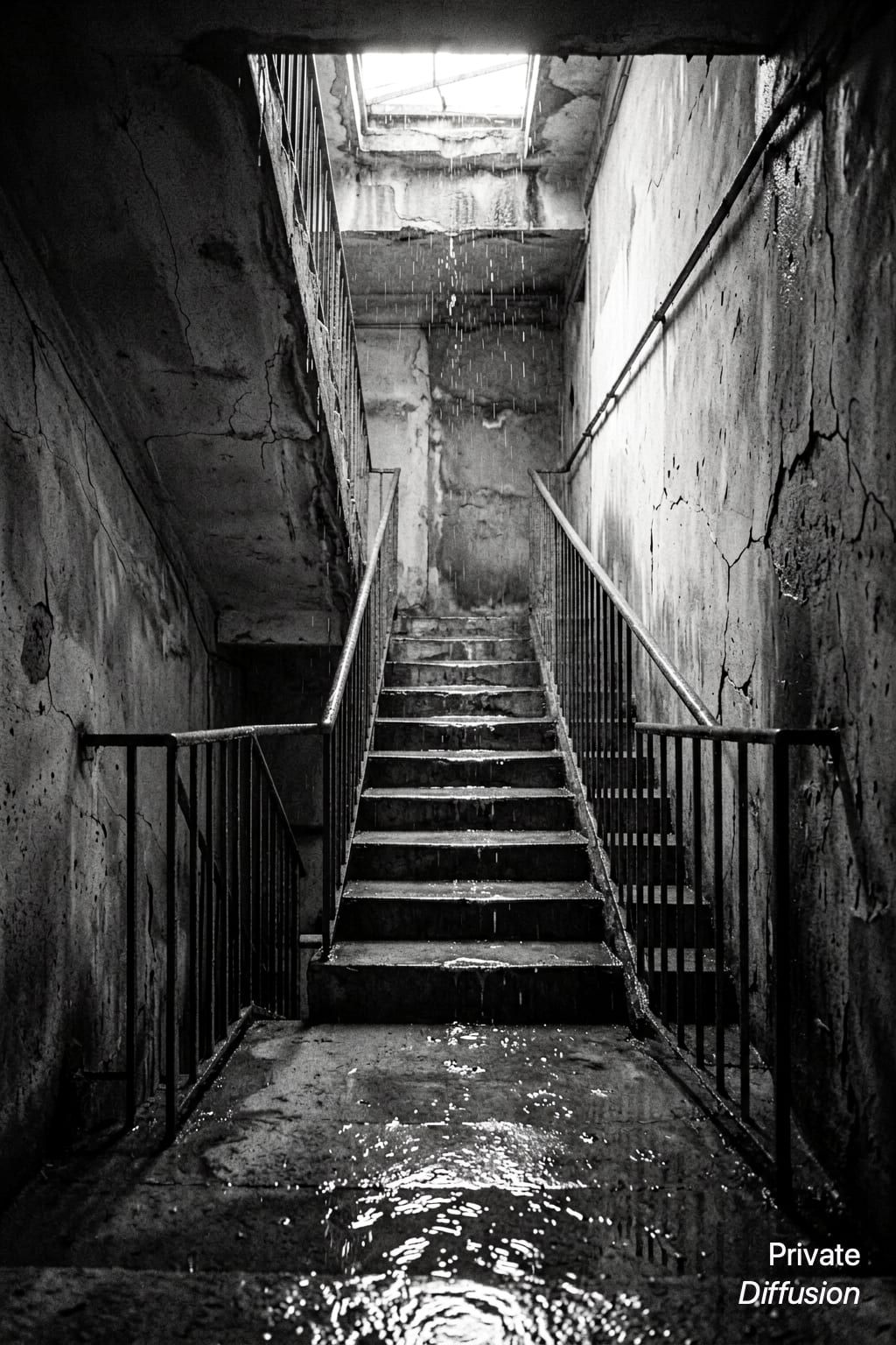 A wet concrete stairwell rises through stark black-and-white shadows after rain.