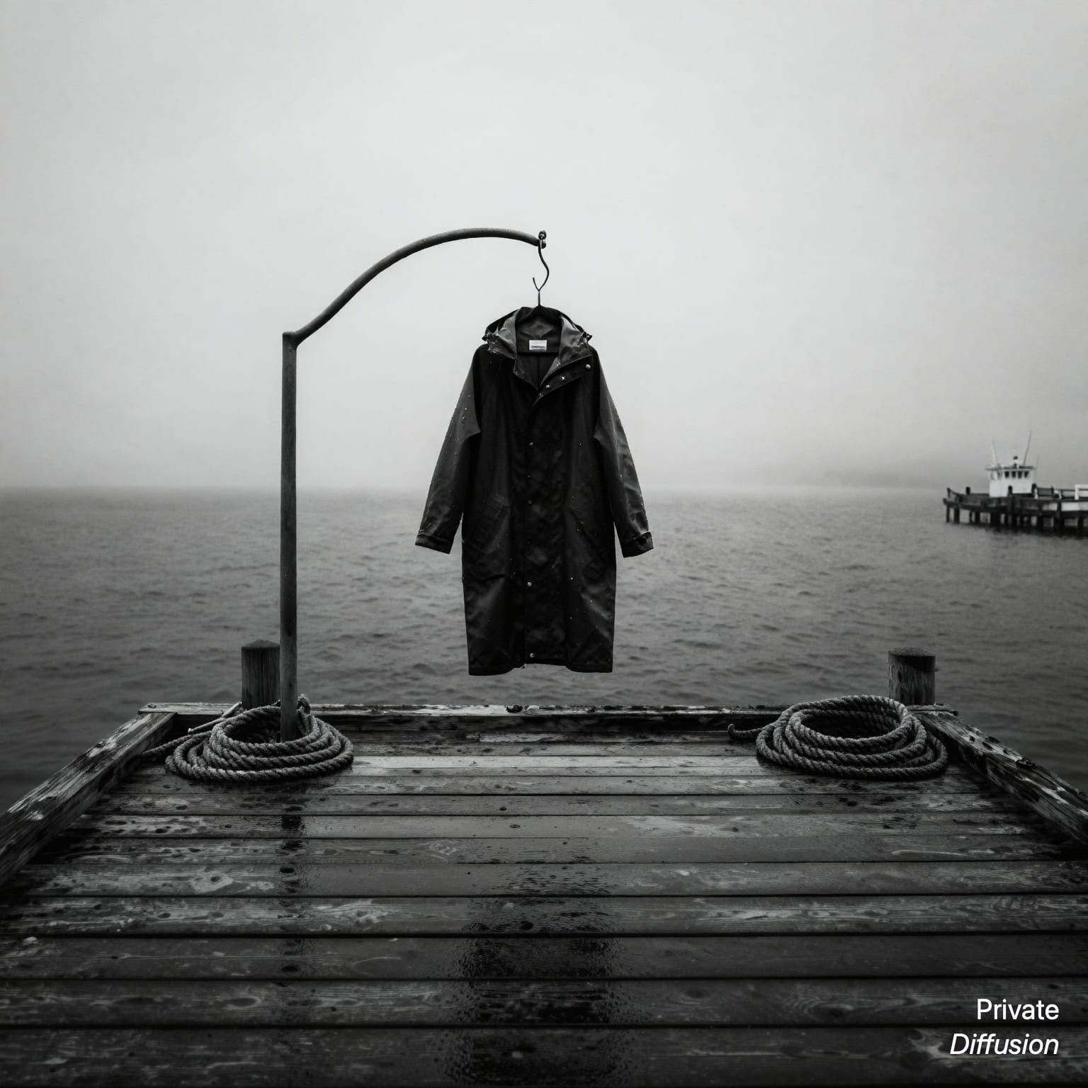A black-and-white raincoat hangs from a hook on a wet empty pier.