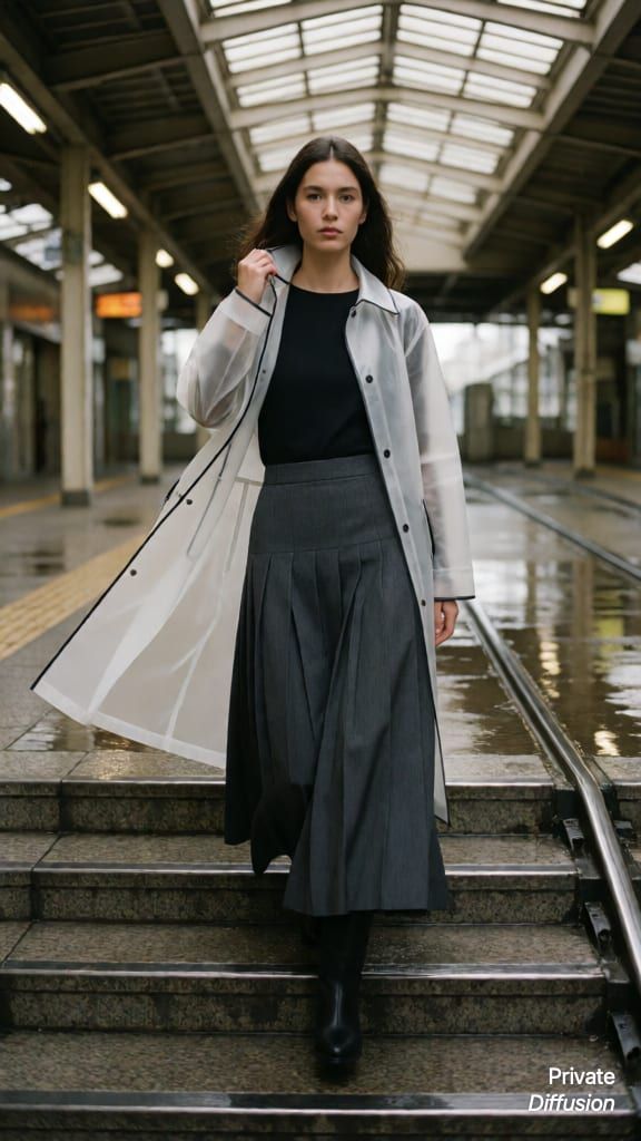 A model in a translucent raincoat walks down wet mirrored steps in an urban arcade.