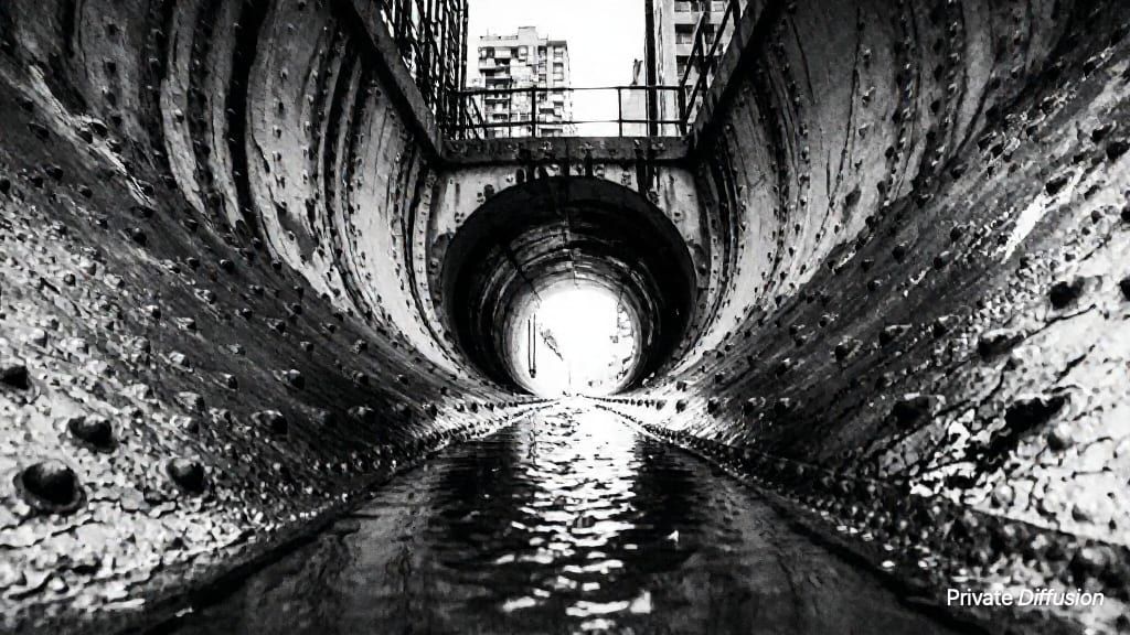 A black-and-white storm drain tunnel reflects daylight from a bright oval exit.
