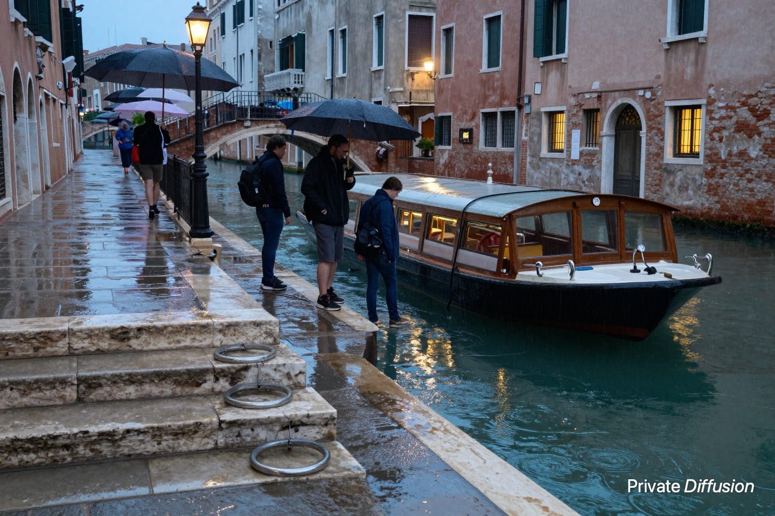 Travelers with umbrellas step from a narrow boat onto wet canal steps at twilight.