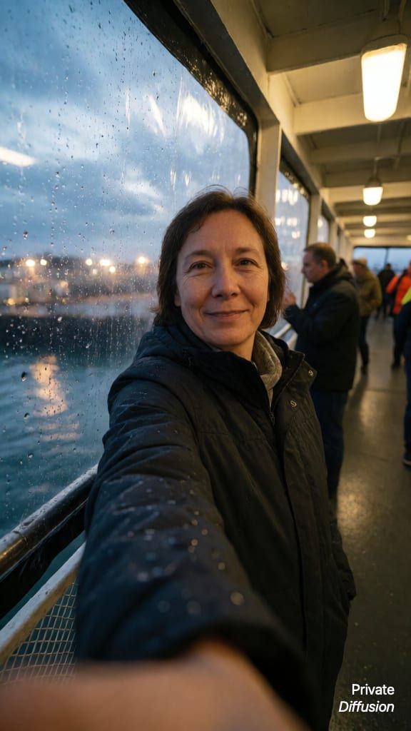 An adult commuter takes a rainy dusk selfie on a ferry deck.