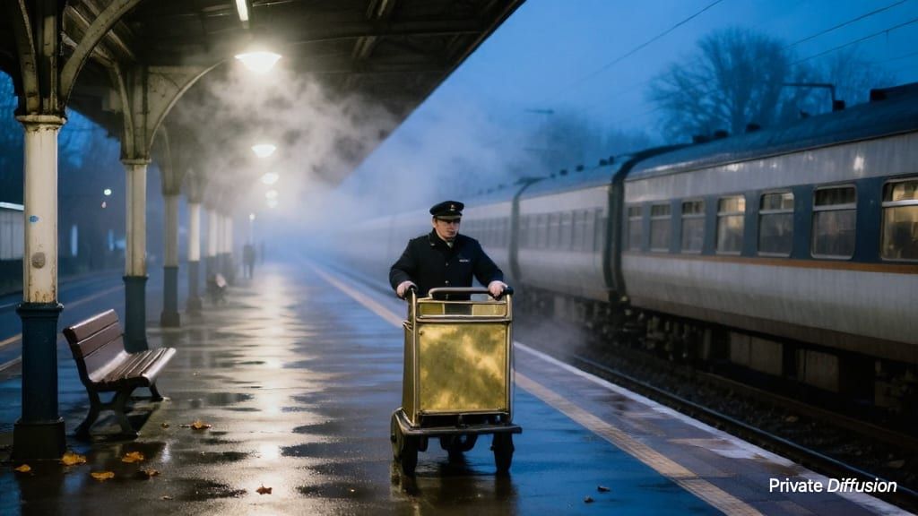 A station porter pushes an empty luggage cart along a rainy train platform at night.