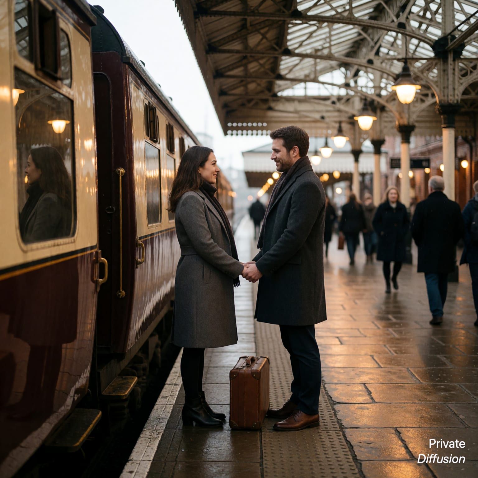 An adult couple hold hands beside a train on a rainy station platform.