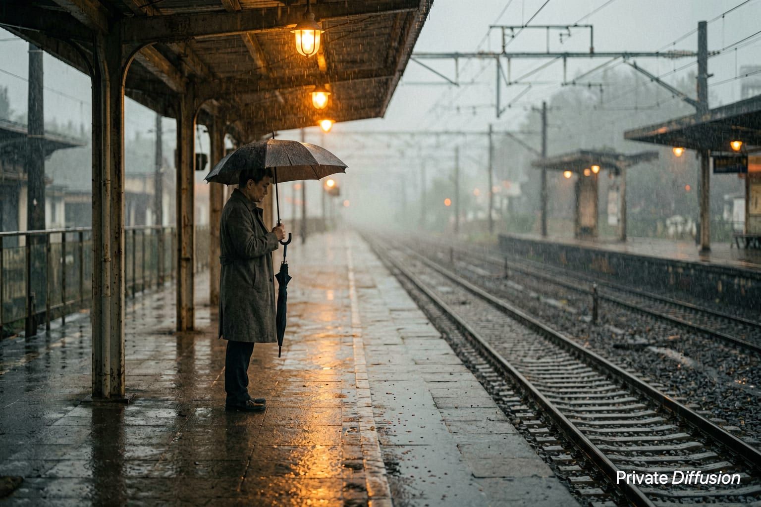 A commuter waits alone on a rainy train platform under amber lights.