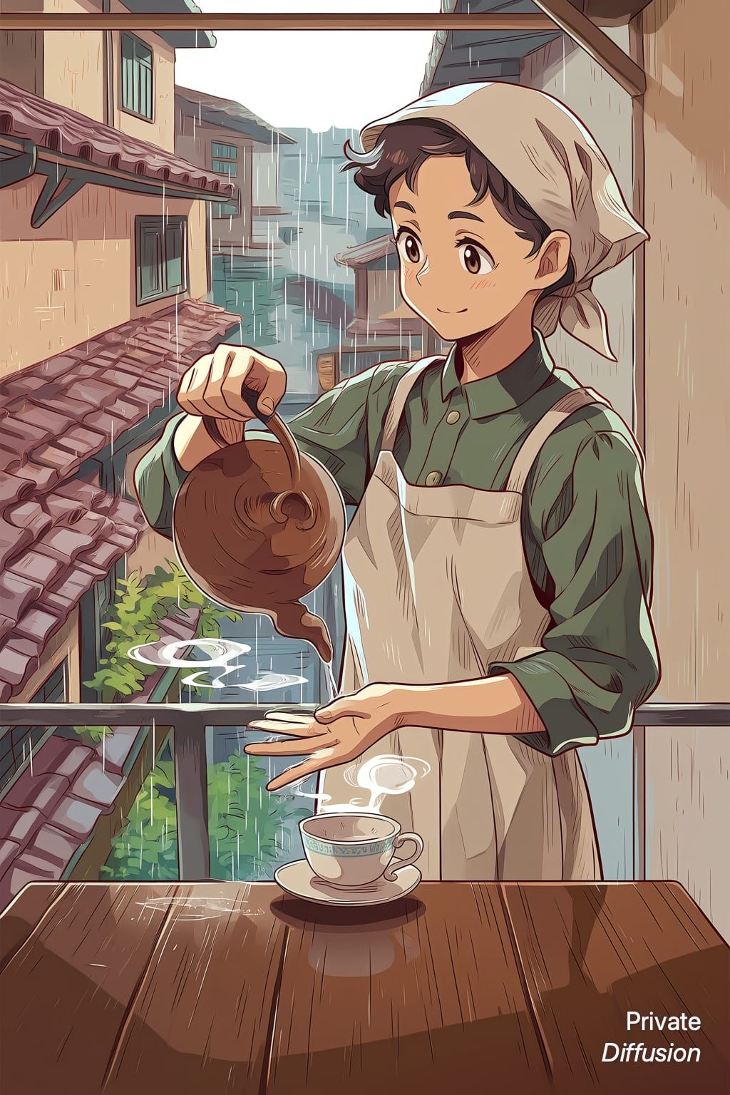 An anime tea shop worker pours tea on a rainy balcony above a quiet alley.
