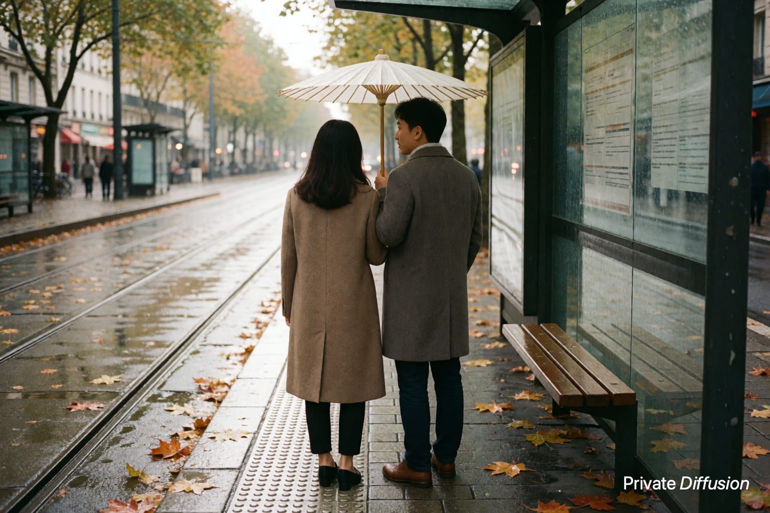 An adult couple shares an umbrella at a rainy tram stop beside wet tracks.