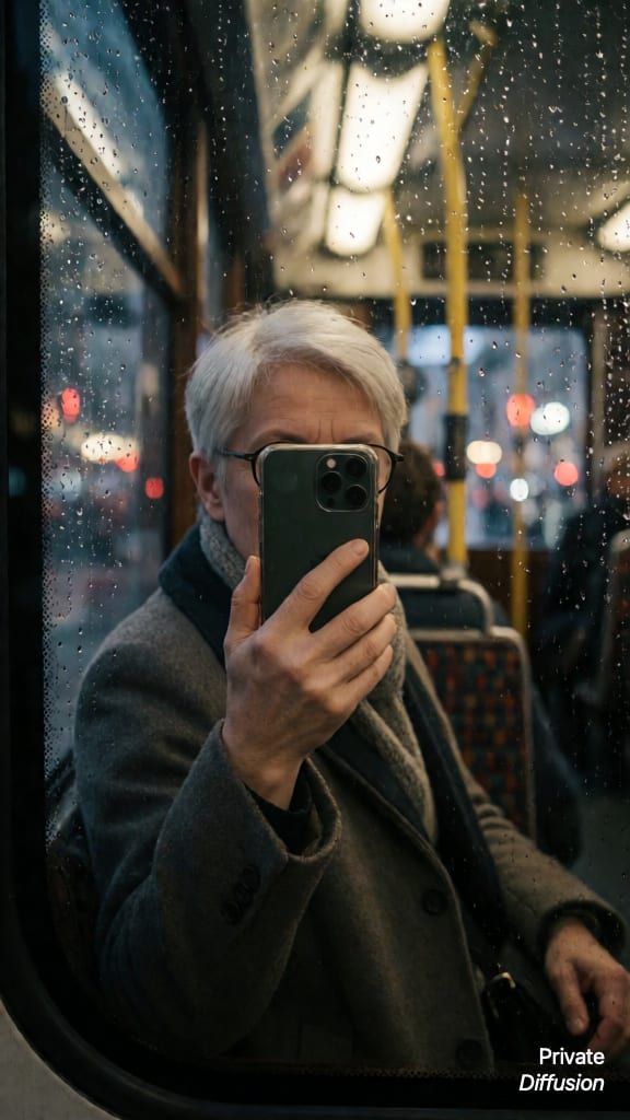 An adult commuter takes a phone selfie reflected in a rainy tram window at night.