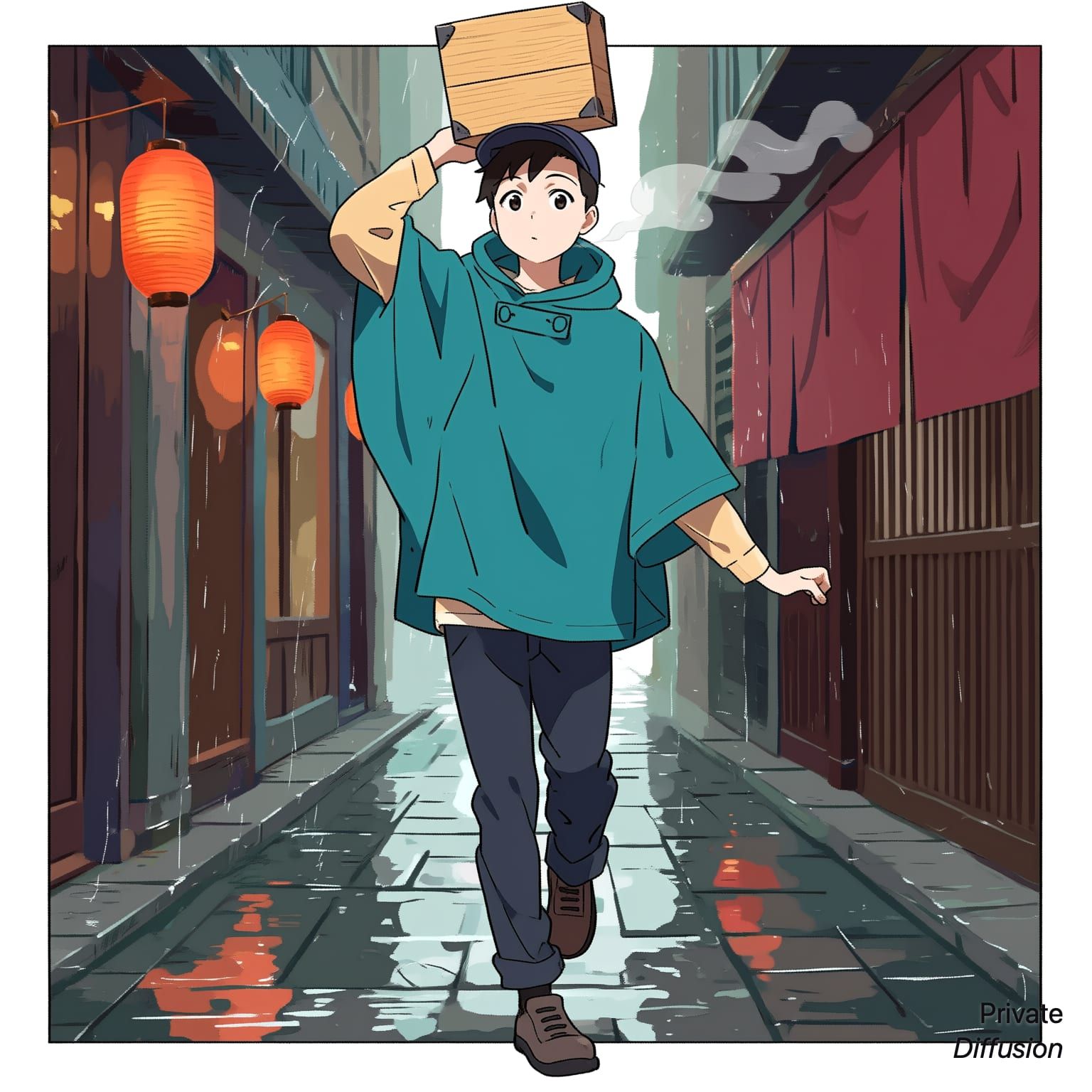 An anime ramen courier walks through a rainy lantern-lit alley with a wooden delivery box.