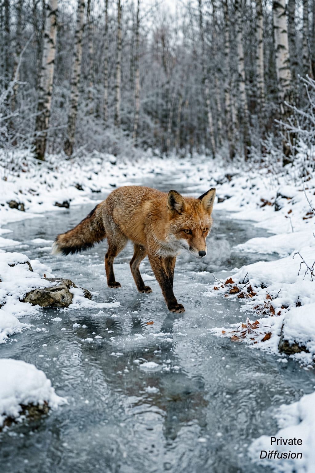 A red fox carefully crosses a frozen stream in a birch forest.