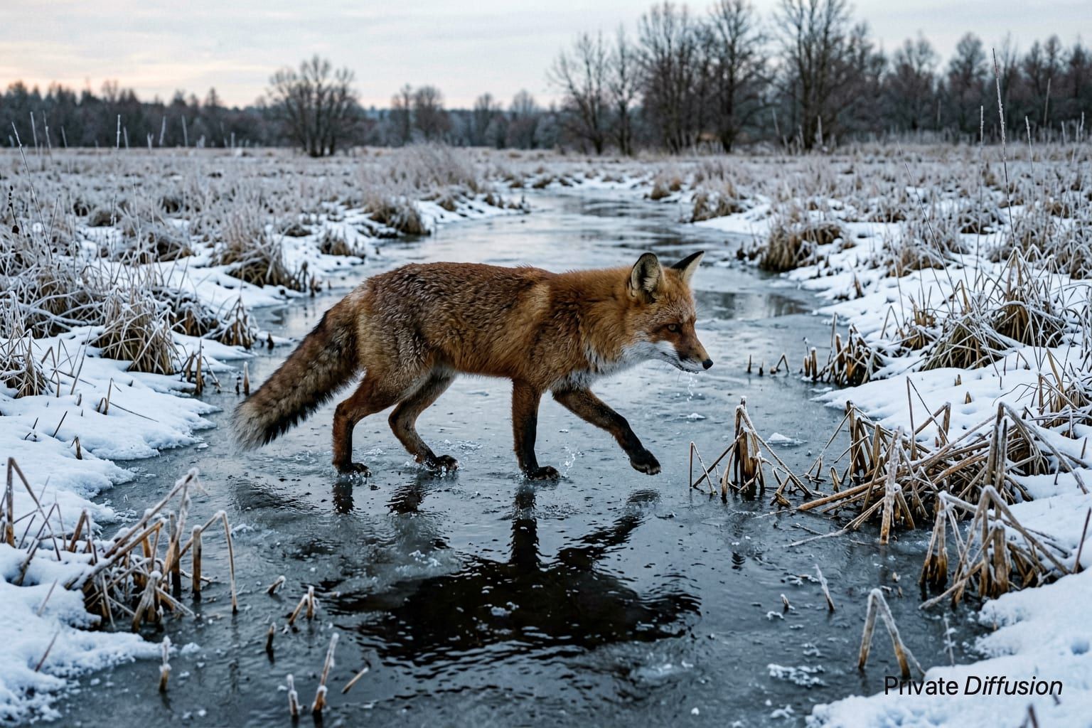 A red fox walks across thin ice in a frozen marsh at dawn.