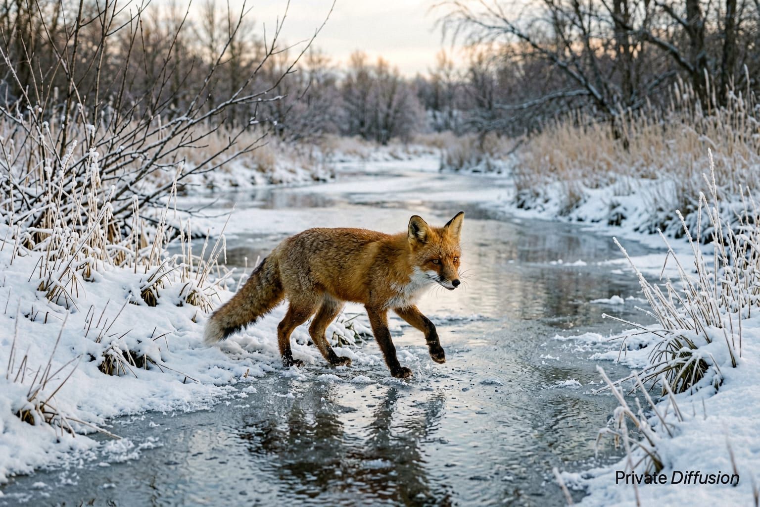 A red fox steps through snowy reeds beside a frozen stream.