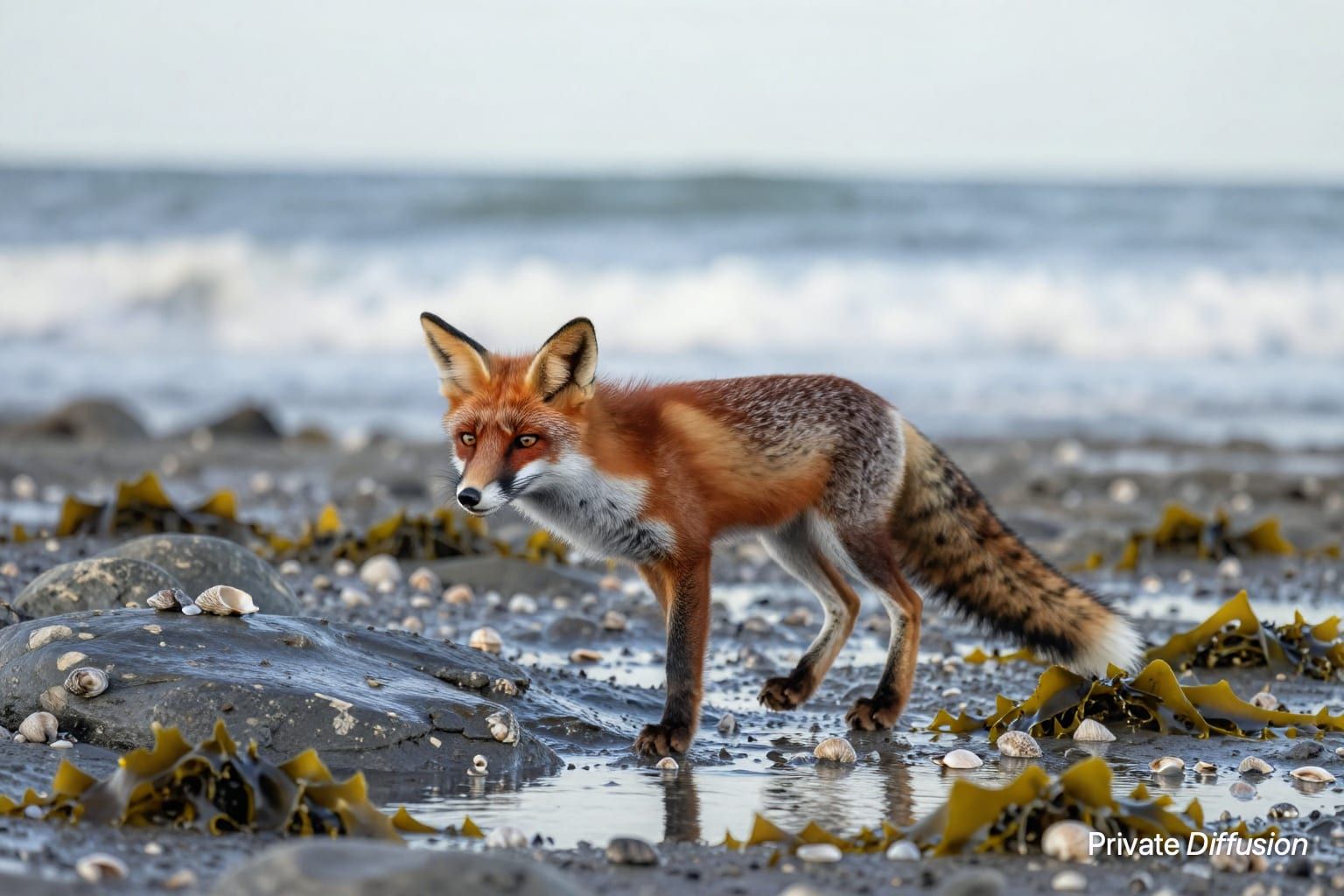A red fox steps across wet shoreline stones with surf blurred in the background.