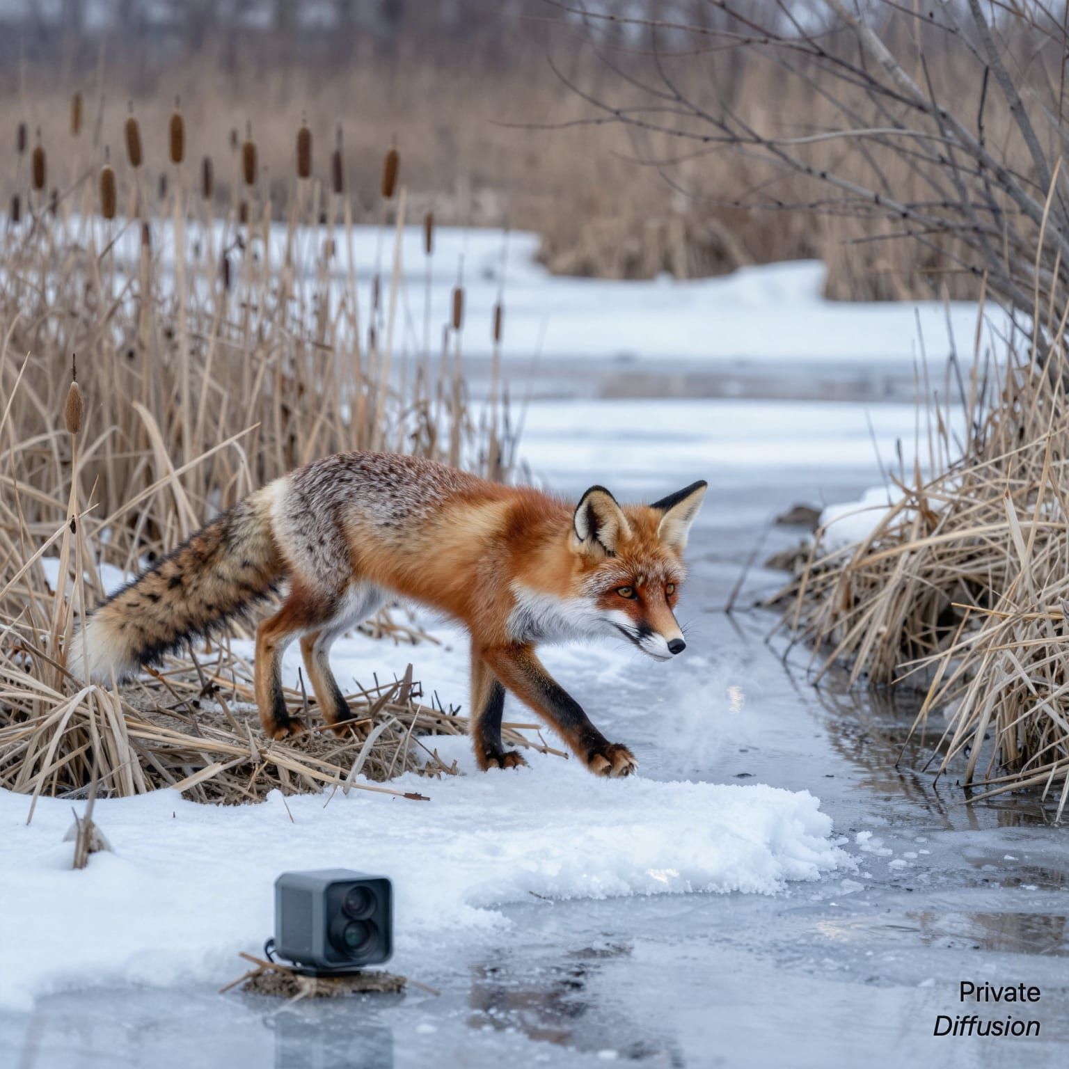 A red fox walks over frozen reeds beside a snowy creek.