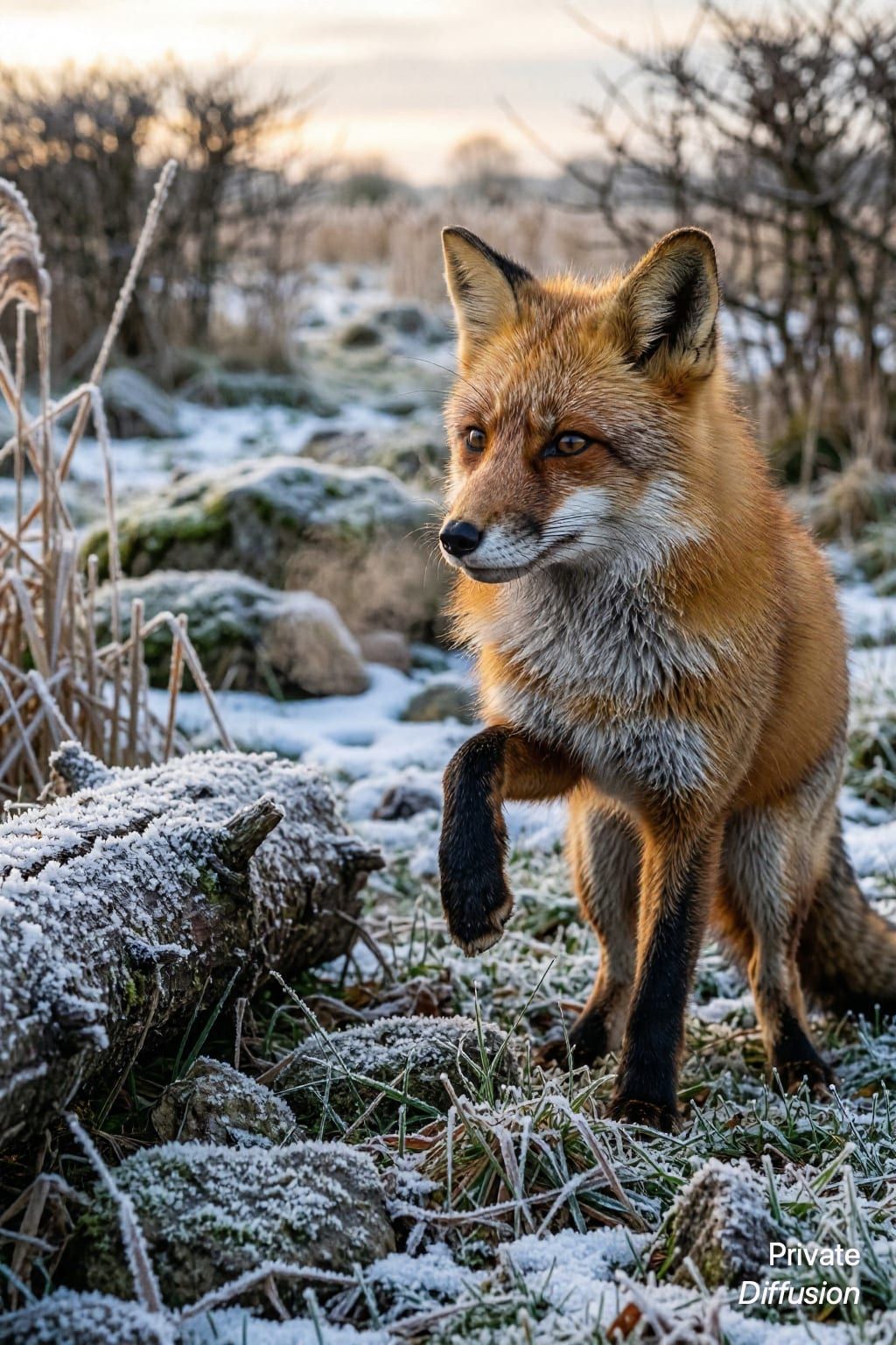 A red fox pauses with one raised paw beside a frosty log at sunrise.