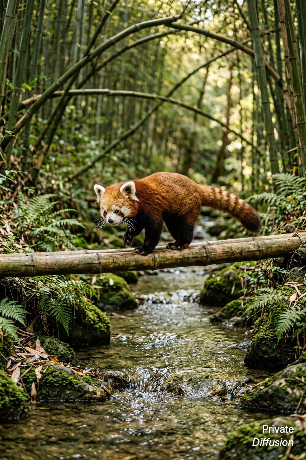 A red panda crosses a bamboo bridge over a forest stream.