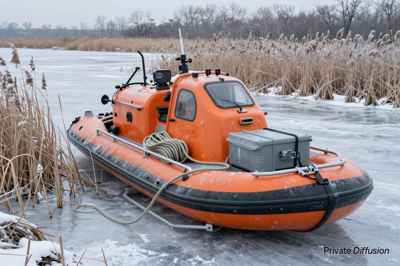 An orange rescue hovercraft sits beside frozen reeds on a quiet winter marsh.