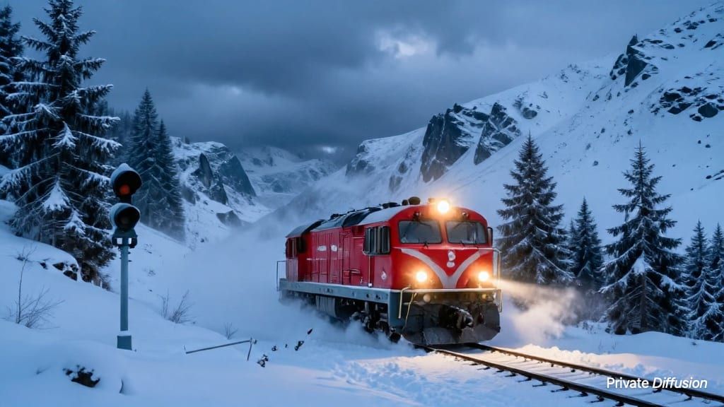 A rescue train plows through deep snow in a mountain pass at dusk.