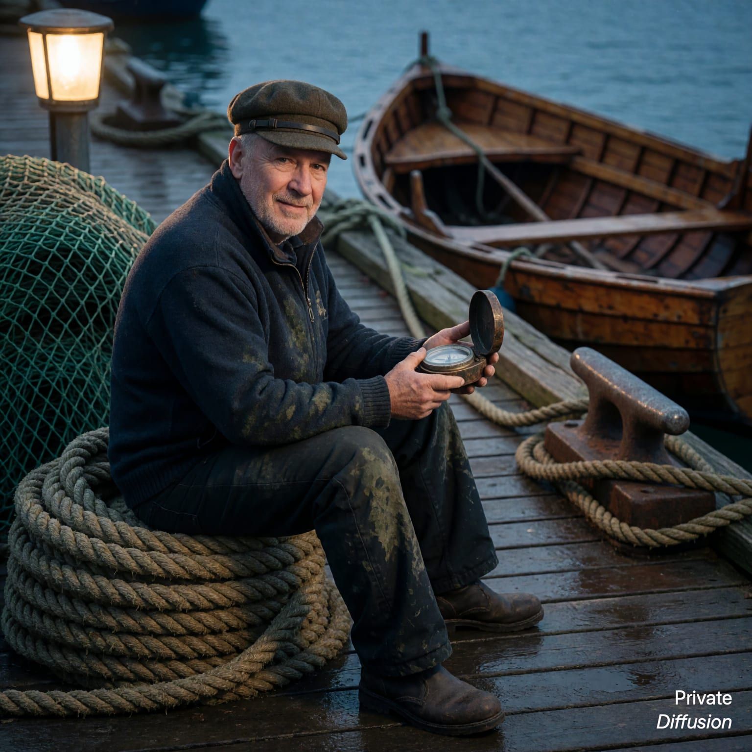 An older sailor sits on rope at a dock, holding a compass in warm blue-hour light.