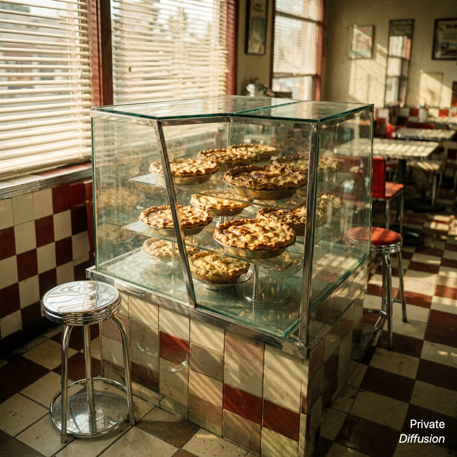 A vintage diner dessert case holds pies under striped afternoon light.