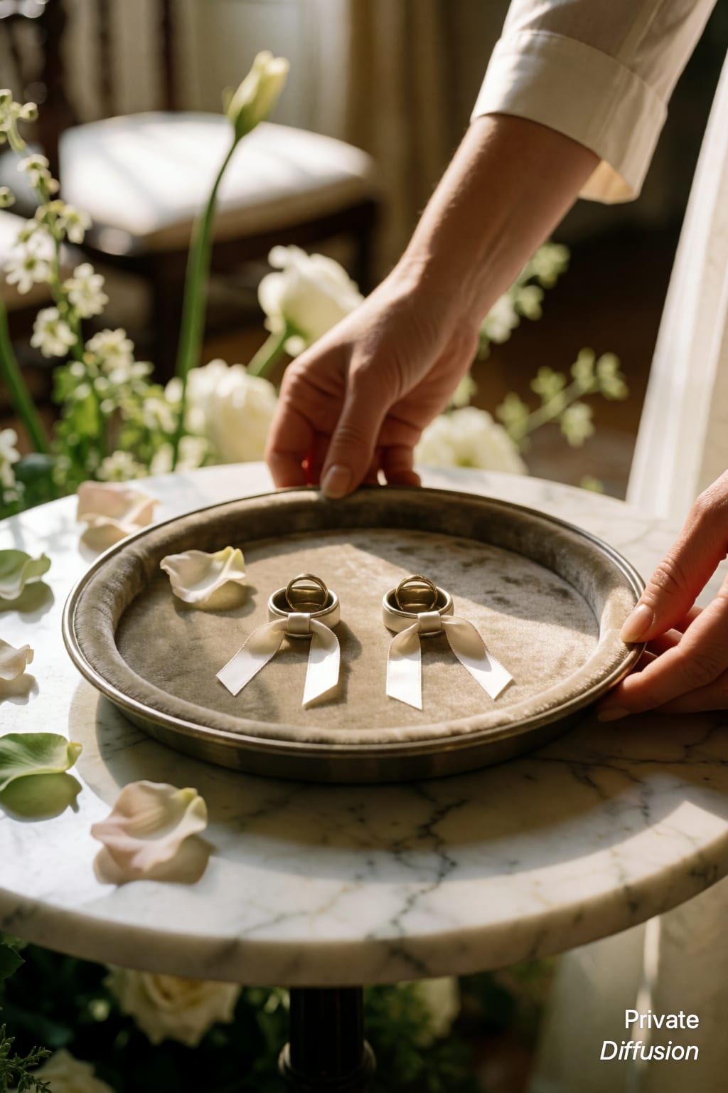 Two wedding bands rest on a velvet tray as an adult attendant adjusts it.