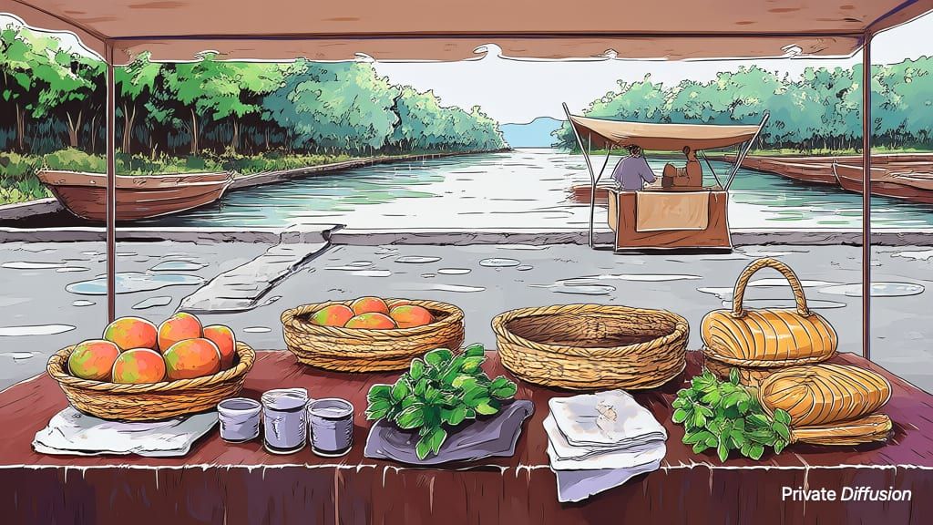 An illustrated riverside market stall opens beside puddles and boats after rain.